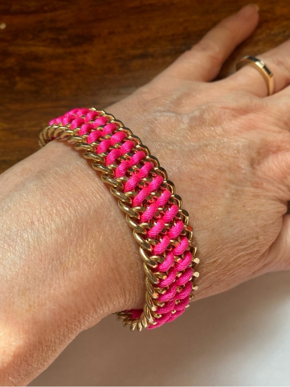 Gold Chain Pink Thread Woven Bracelet - Women Jewelry